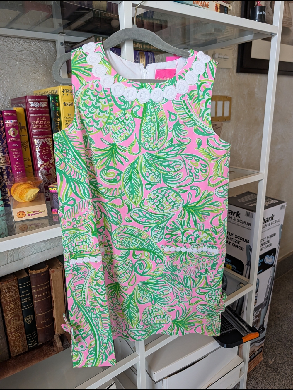 Lilly Pulitzer Pink Shift Dress with Green Floral Print and White Rosette Trim